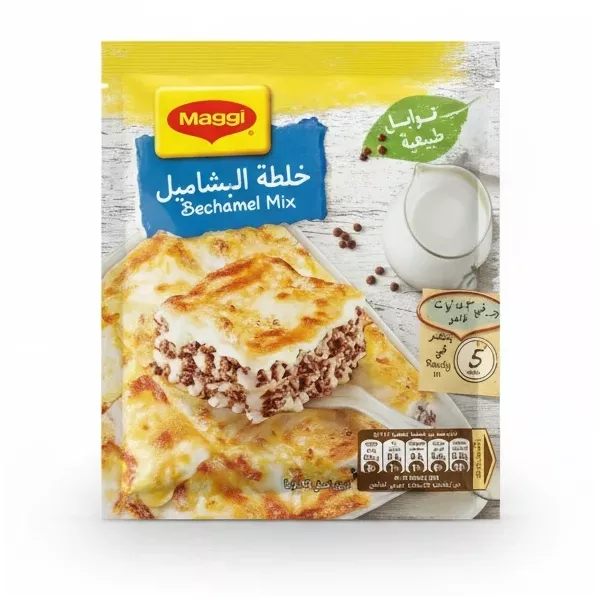 Maggi brand bechamel sauce mix pack showing lasagna dish