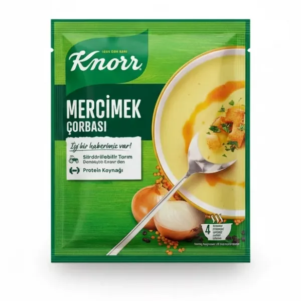Knorr Lentil Soup Mix packet front with bowl of lentil soup