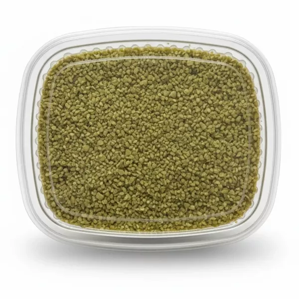 Plastic container filled with fresh cracked wheat