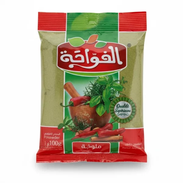 Packet of Fawaha Molokhia Powder featuring green leaves and red chili illustration