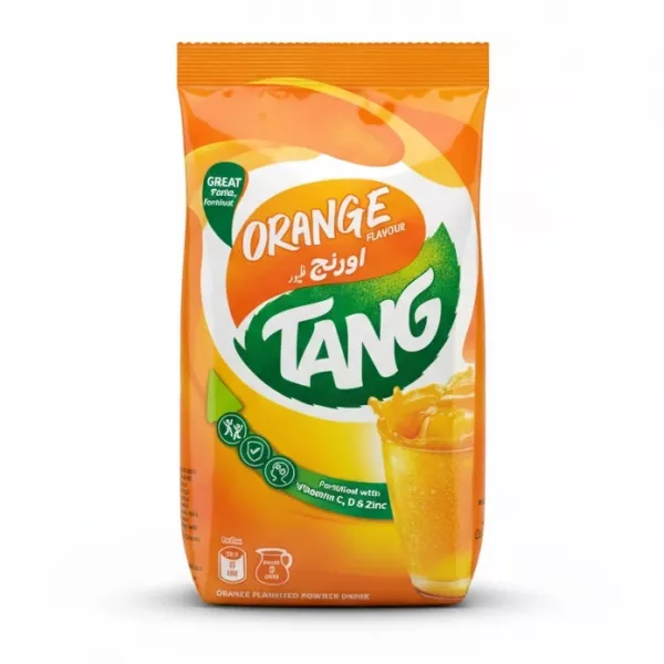 Tang orange flavour powdered drink mix pack front view