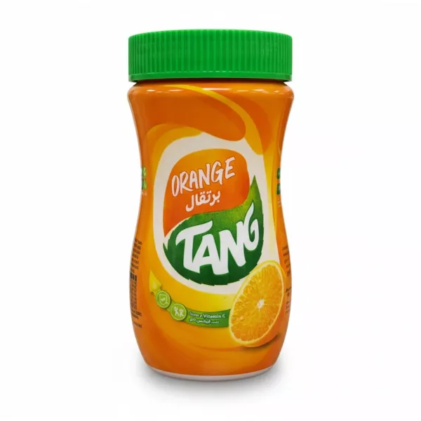 Tang Orange instant drink powder jar with green lid and orange label
