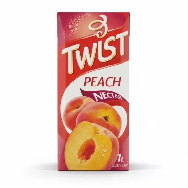Front view of Twist Peach Nectar juice carton showing ripe peaches