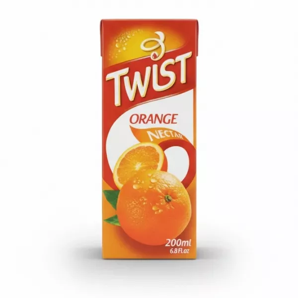 Twist Orange Nectar 200ml carton held in hand showing front packaging