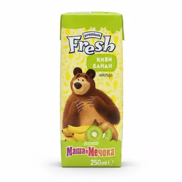 Fresh kiwi banana nectar juice pack with animated bear character on front