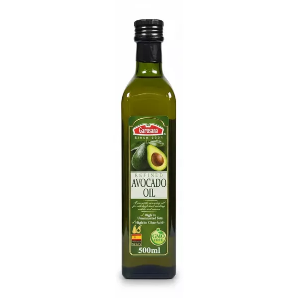 Garusana refined avocado oil bottle front showing label and avocado image