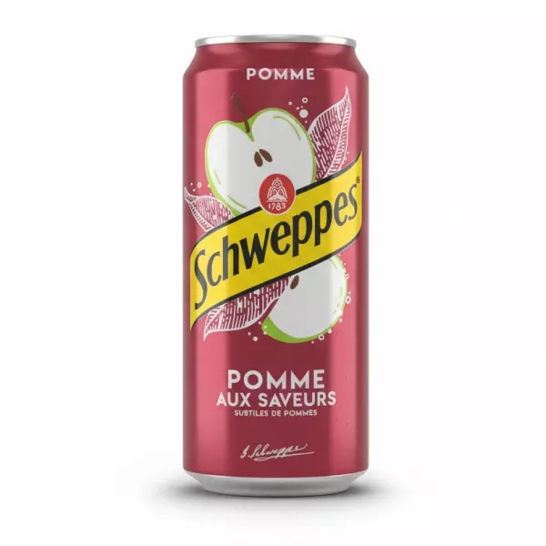 Schweppes apple flavoured soft drink can held in hand