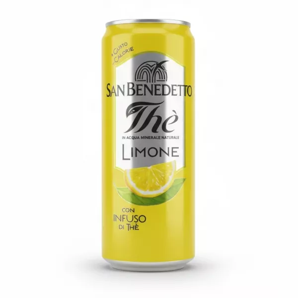 Can of San Benedetto lemon infused iced tea in hand