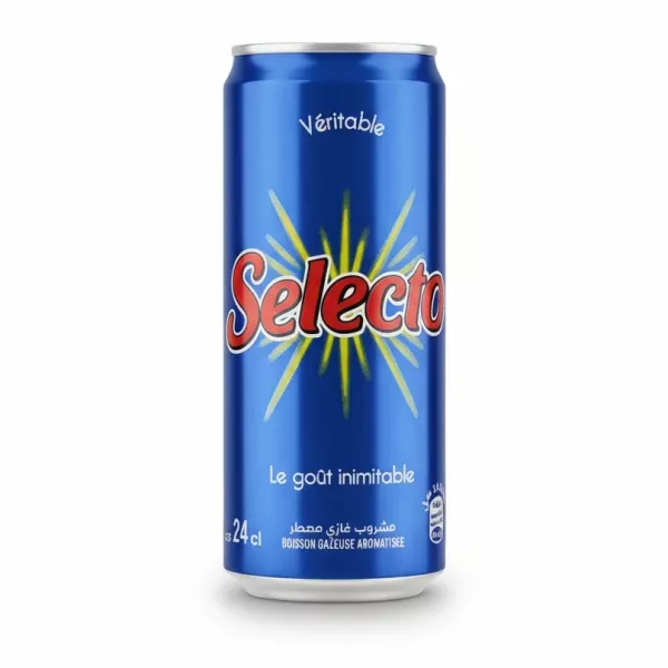 Blue can of Selecto flavoured soda drink in hand