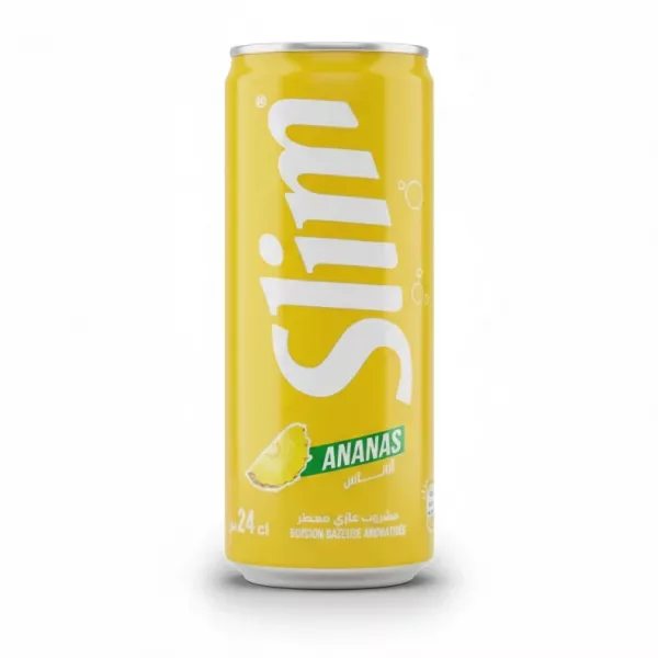Slim pineapple flavoured soda in bright yellow slim can