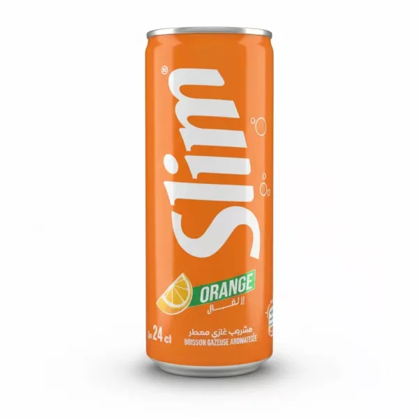 Slim Orange flavour soda can held in hand
