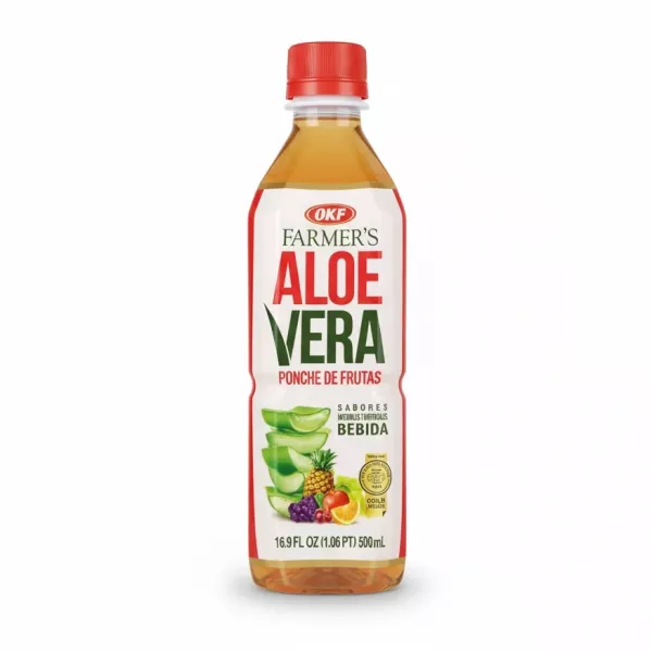 OKF Farmer's Aloe Vera Fruit Punch Drink front label showing fruit and aloe illustrations