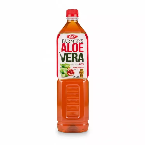 1.5 litre bottle of OKF Farmer's Aloe Vera Lite Pomegranate drink held upright