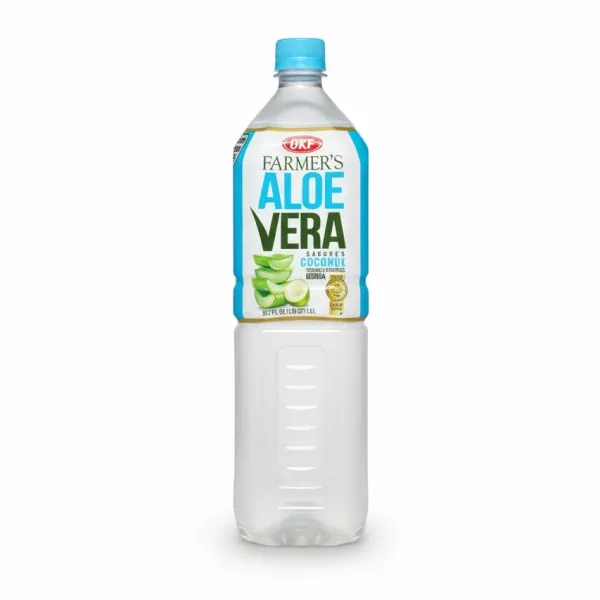Plastic bottle of OKF Farmer's Aloe Vera Coconut Drink front label