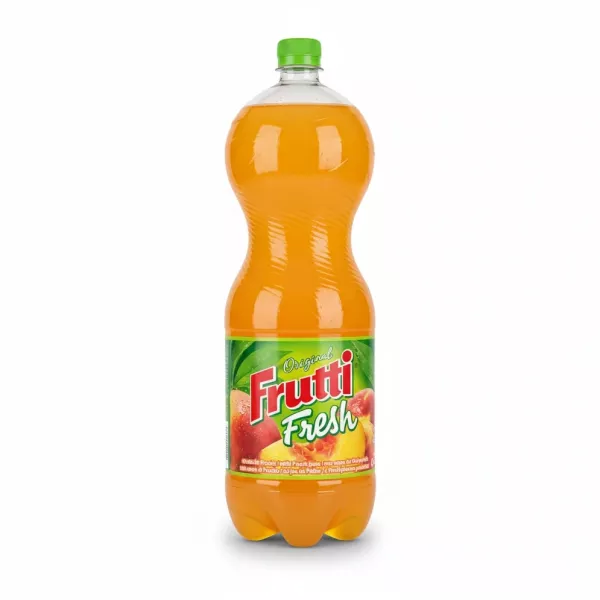 Frutti Fresh original peach juice in a 2-litre transparent plastic bottle with a green cap on a white background
