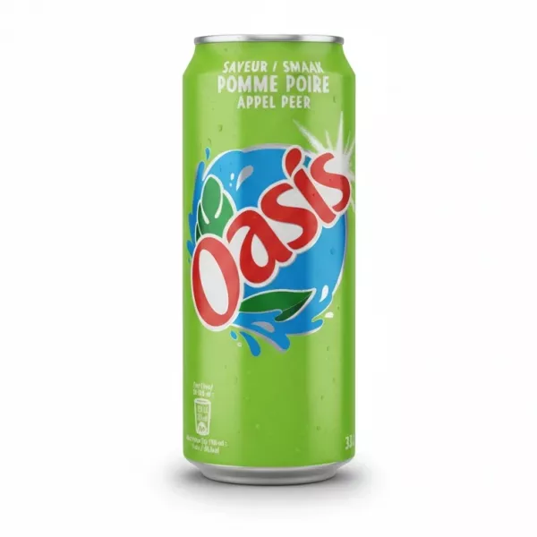 Oasis soft drink can with apple pear flavour on a white background