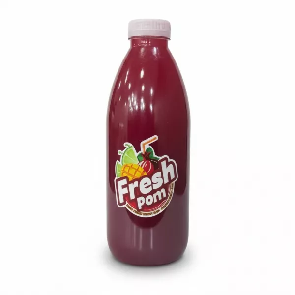 Bottle of Fresh Pom natural pomegranate juice with colourful label