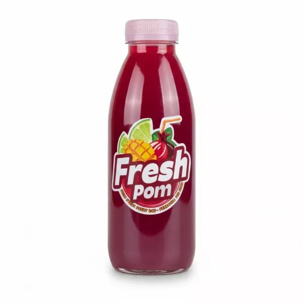 Bottle of Fresh Pom pomegranate juice with vibrant red liquid and colourful label