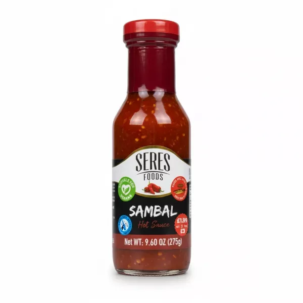 Bottle of Seres Foods Sambal Hot Sauce with red chili pieces in glass bottle