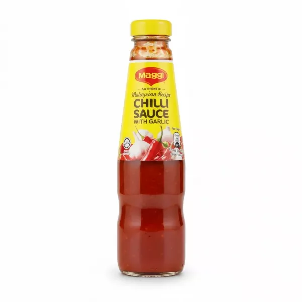 Bottle of Maggi Authentic Malaysian Chilli Sauce with Garlic, front label view enlarged and on a white background