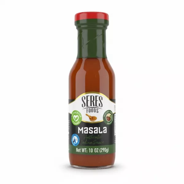 Front view of Seres Foods Masala Authentic Indian Sauce bottle with red and green label on a white background