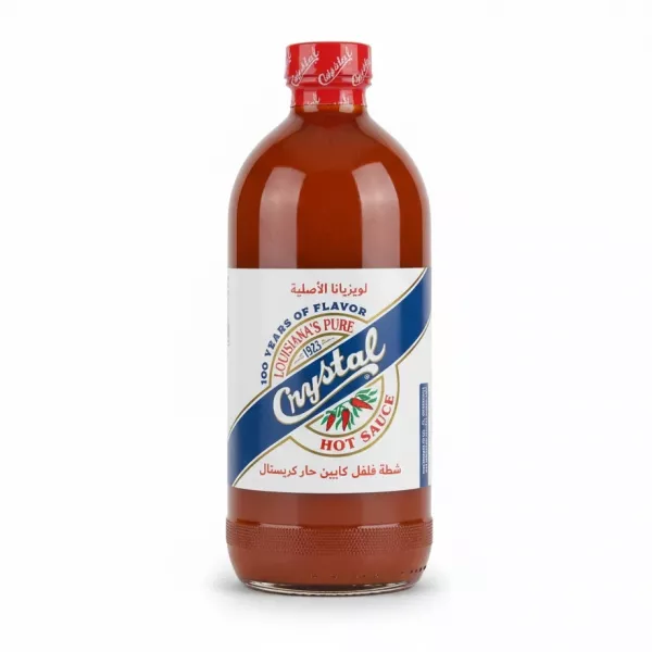 Front label of Crystal Hot Sauce bottle showing brand and hot pepper design