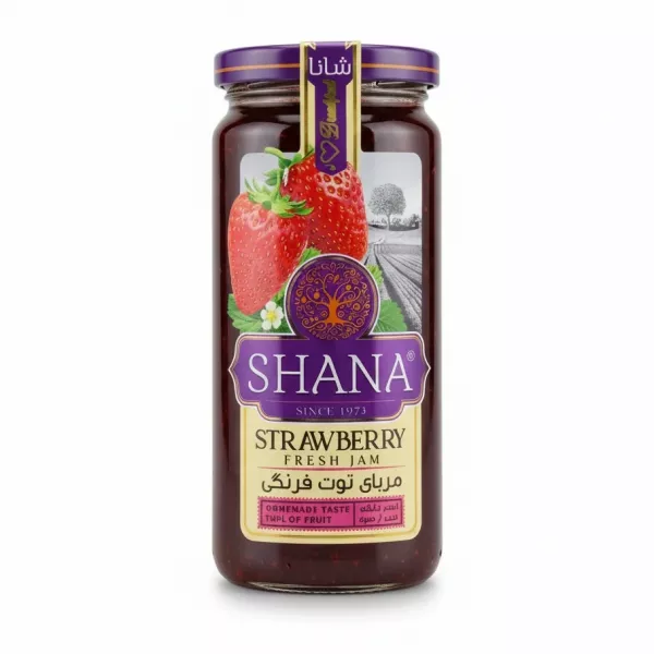 Shana Strawberry Fresh Jam jar front label with strawberries image on a white background