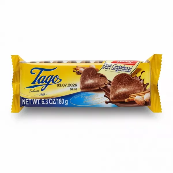 Tago Family Duet Gingerbread biscuit pack in yellow and blue packaging