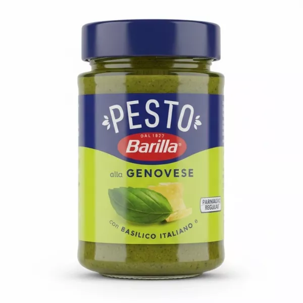 Jar of Barilla Pesto Alla Genovese with green basil sauce