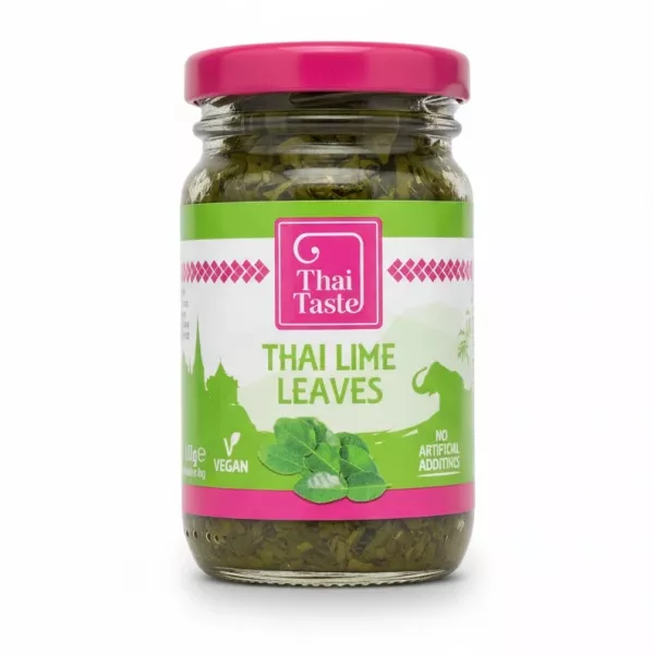Jar of Thai Taste Thai lime leaves showing front label
