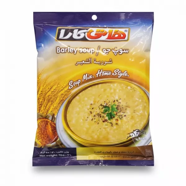 Packet of Hotikara Barley Soup Mix on a showing soup bowl on a white background