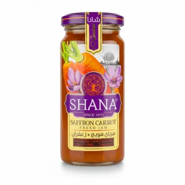 Jar of Shana Saffron Carrot Fresh Jam with vibrant label showing carrots and saffron flowers