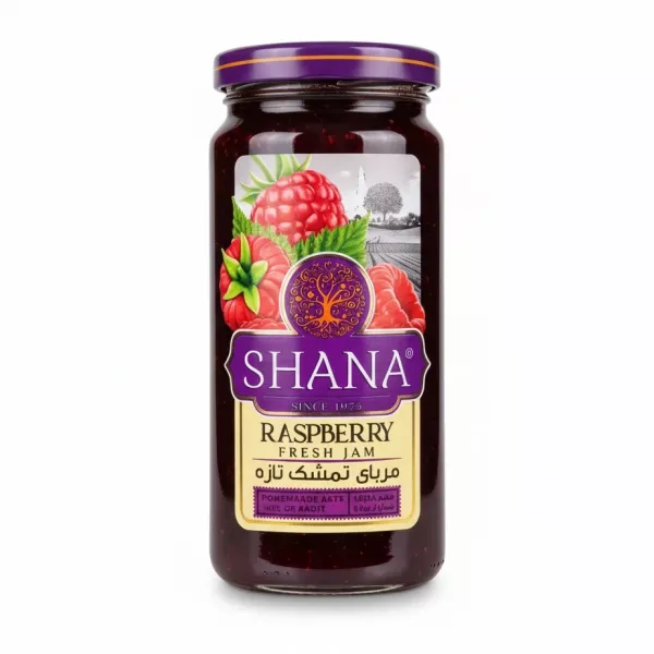 Jar of Shana raspberry fresh jam with purple lid and label showing raspberries
