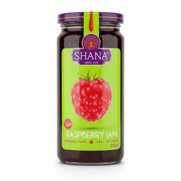 Jar of Shana Raspberry Jam with bright green label and raspberry image