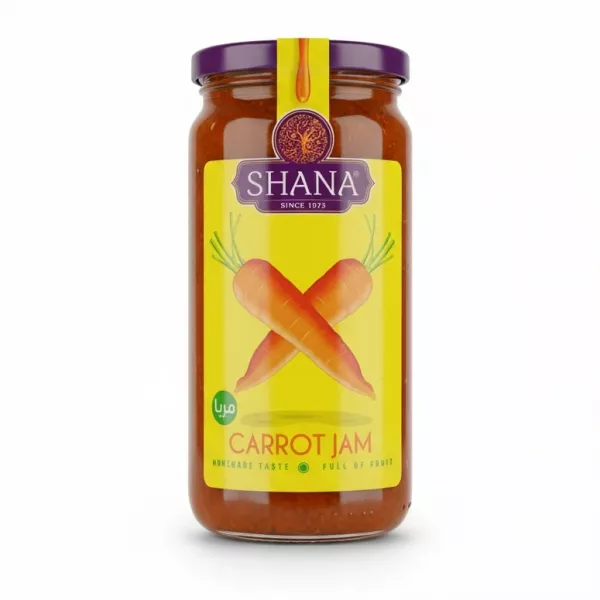 Jar of Shana Carrot Jam with yellow and purple label showing two carrots