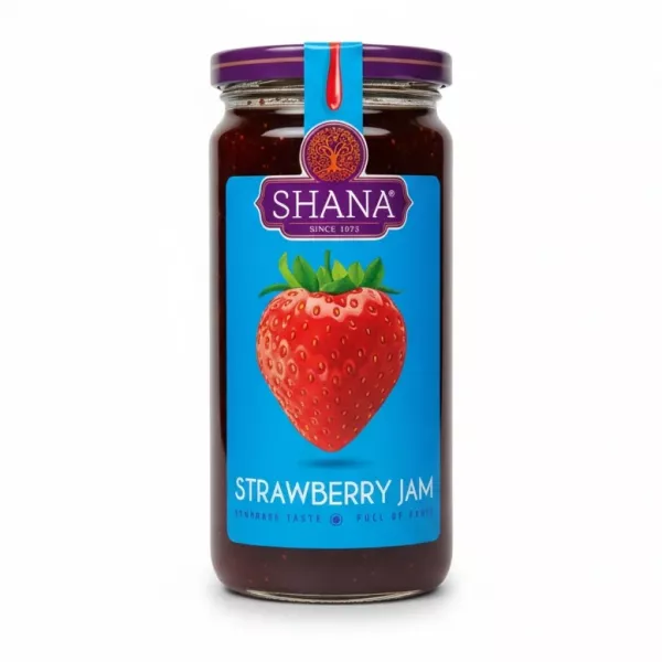 Glass jar of Shana brand strawberry jam with blue label and large strawberry image