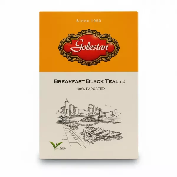 Golestan Breakfast Black Tea 500g front packaging with orange and cream design