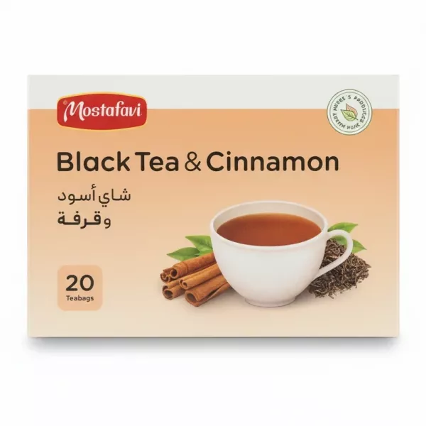 Mostafavi Black Tea & Cinnamon box front showing tea cup and cinnamon sticks