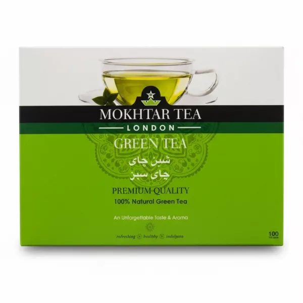 Box of Mokhtar Tea London Green Tea front packaging
