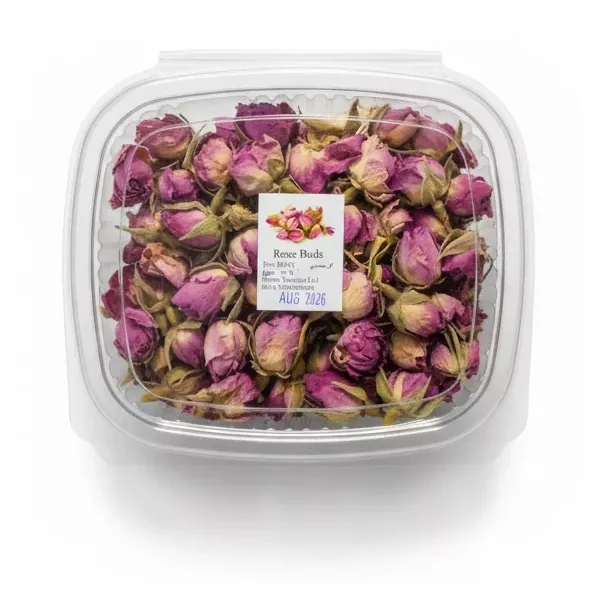 packaged dried rose buds in plastic container