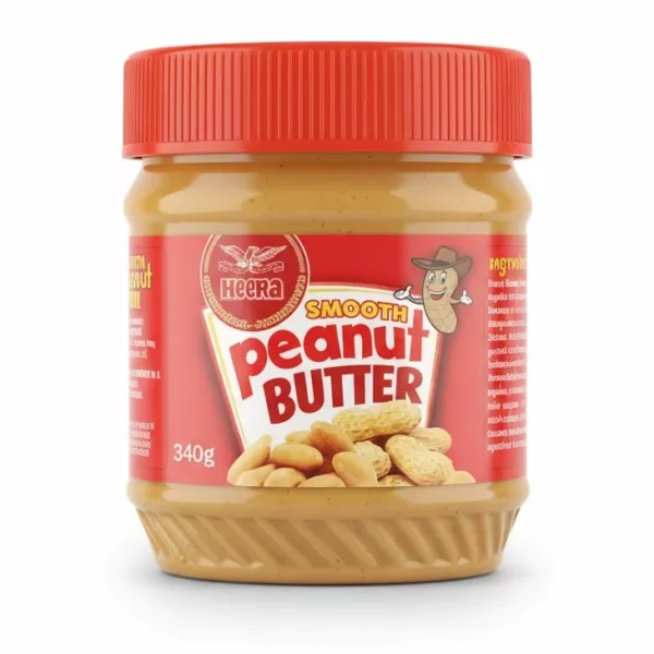 Jar of Heera Smooth Peanut Butter with red lid and label on a white background