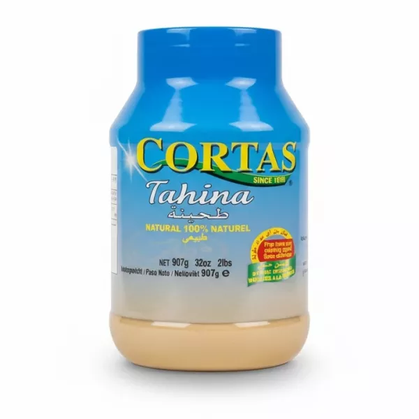 Jar of Cortas Tahina showing front label with blue lid