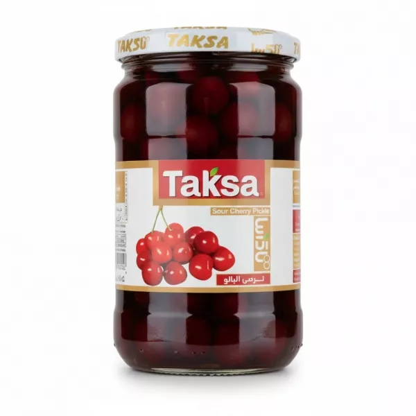 Jar of Taksa Sour Cherry Pickle with label showing cherries