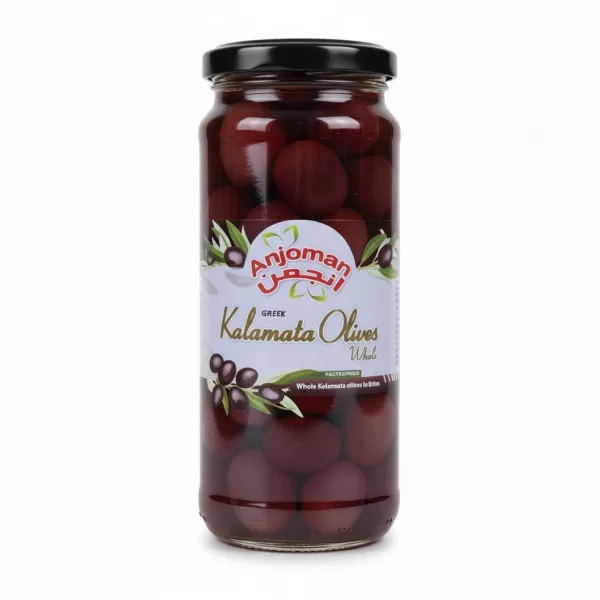 Jar of Anjoman Greek Kalamata Whole Olives in brine