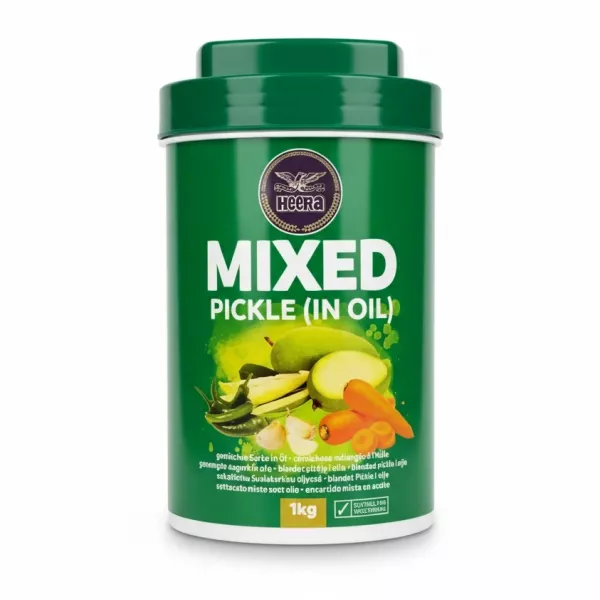 Heera brand mixed pickle container front view with green lid