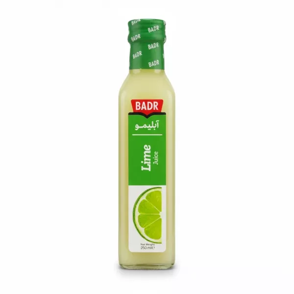 Bottle of Badr Lime Juice with green label and lime slice image