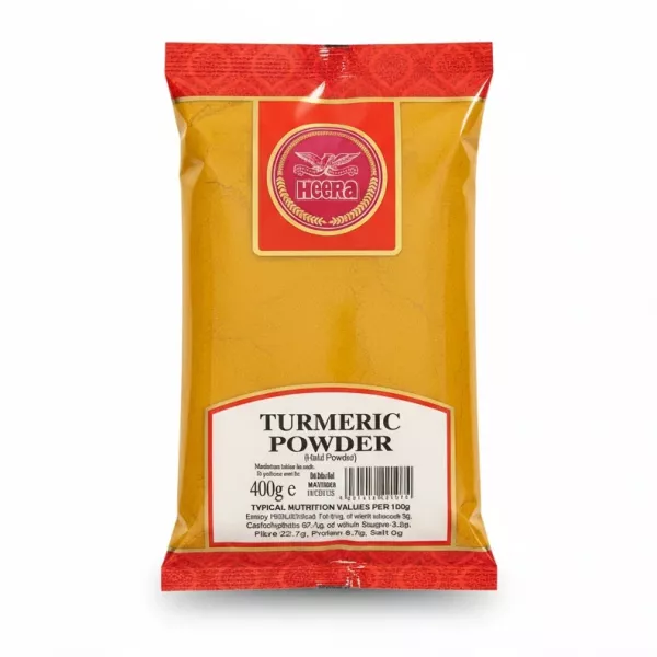 Packet of Heera turmeric powder in yellow and red packaging