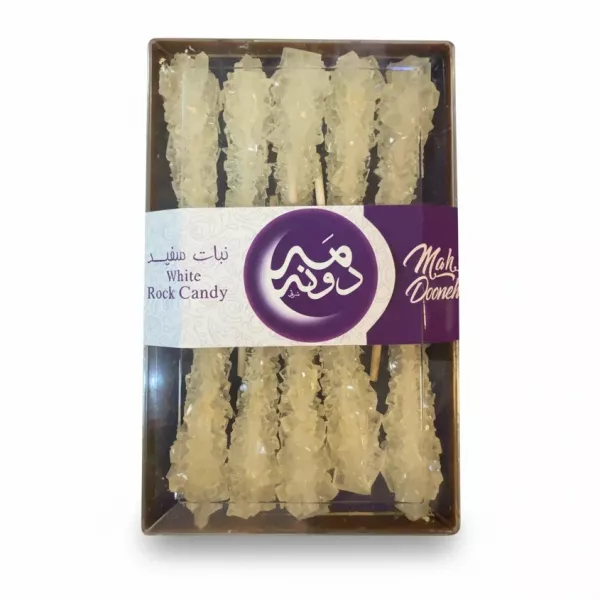 Mah Dooneh white rock candy sticks in a clear box