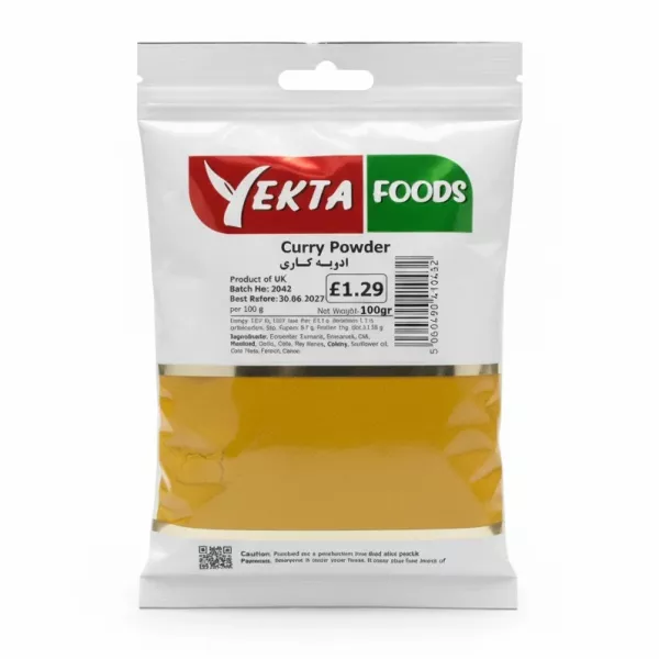 Front view of Yekta Foods Curry Powder 100g pack showing branding and ingredients