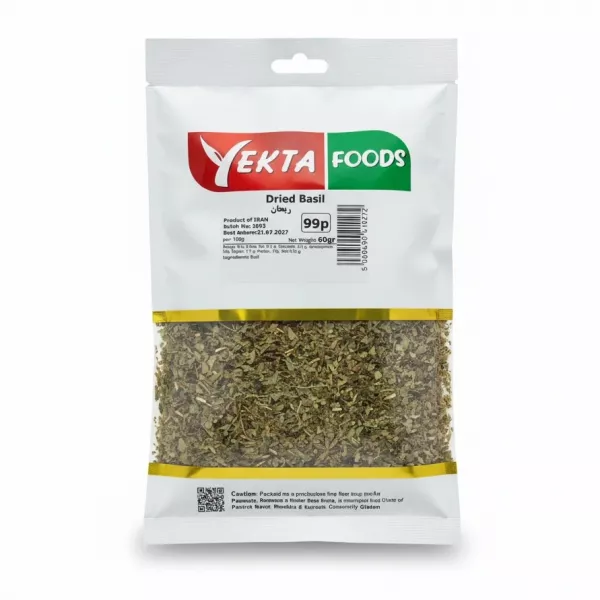 Front view of Yekta Foods Dried Basil packet showing brand logo and product details